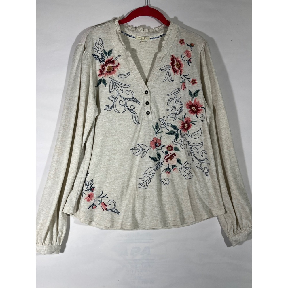 Kate & Sam Floral Henley Knit Top Women L Oatmeal Pink Embroidered Ruffle V Neck